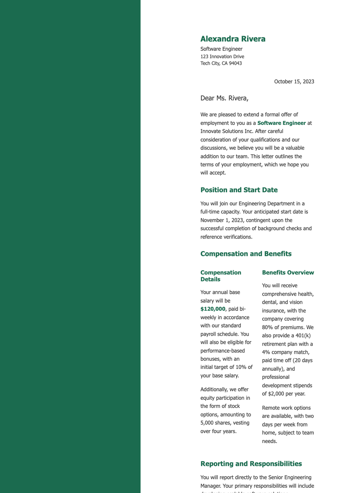 Formal job offer letter for Accounts Manager position with salary details and benefits handbook_variant_3